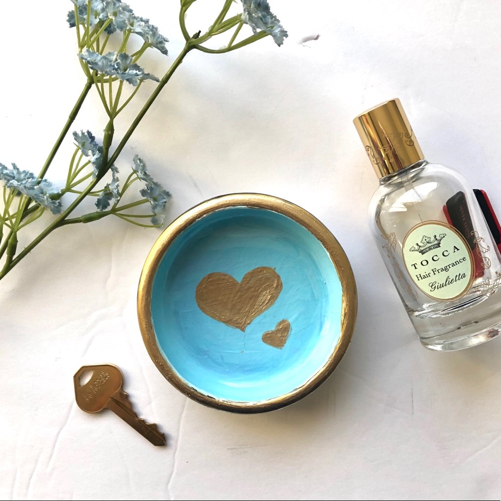 Gold Hearts & Trim Baby Blue Trinket Dish Handmade